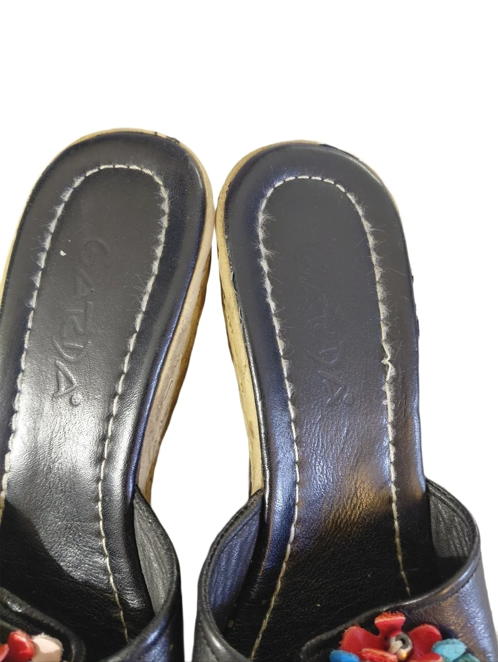 Vintage Black Leather Wedge Slide with Multicolor Flower Accent Size 8-8.5